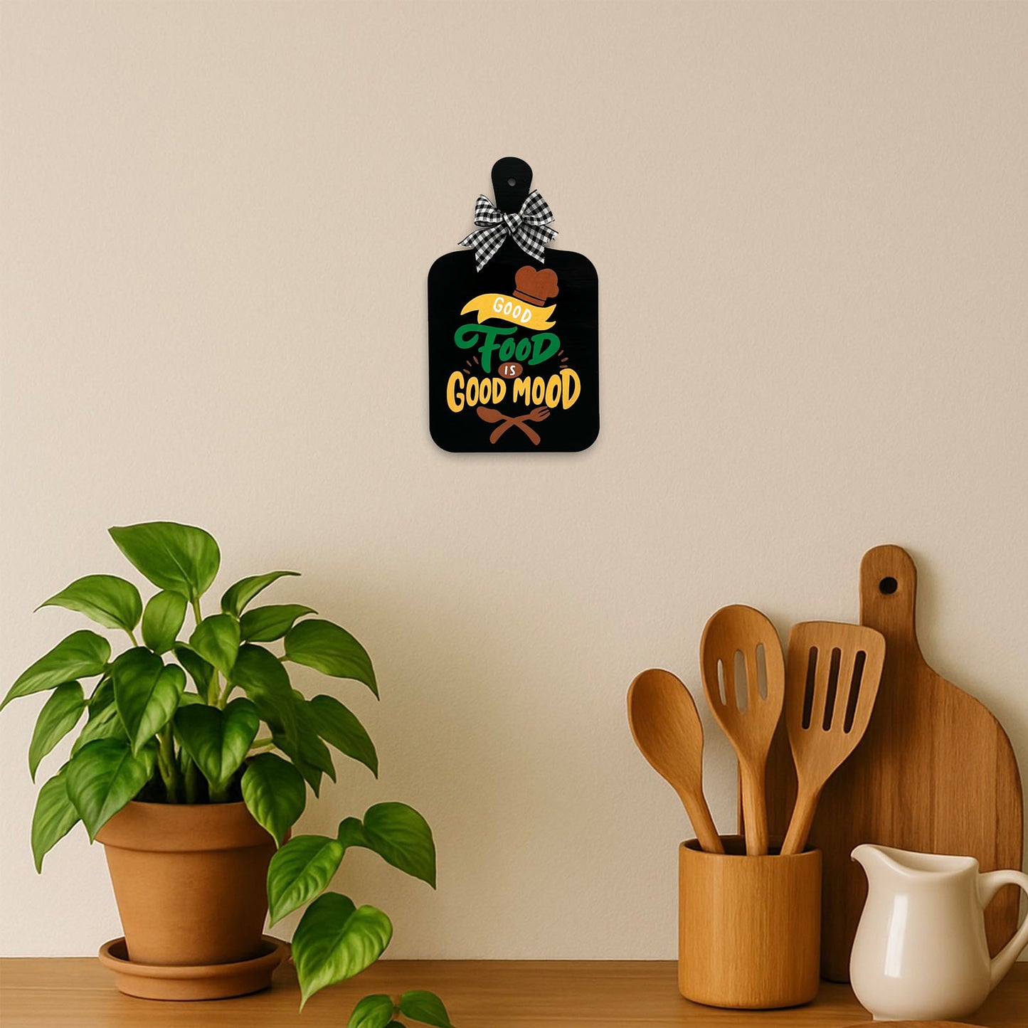 Good Food Is Good Mood Hand-Painted Wooden Chopping Board Kitchen Wall Hanging - Black