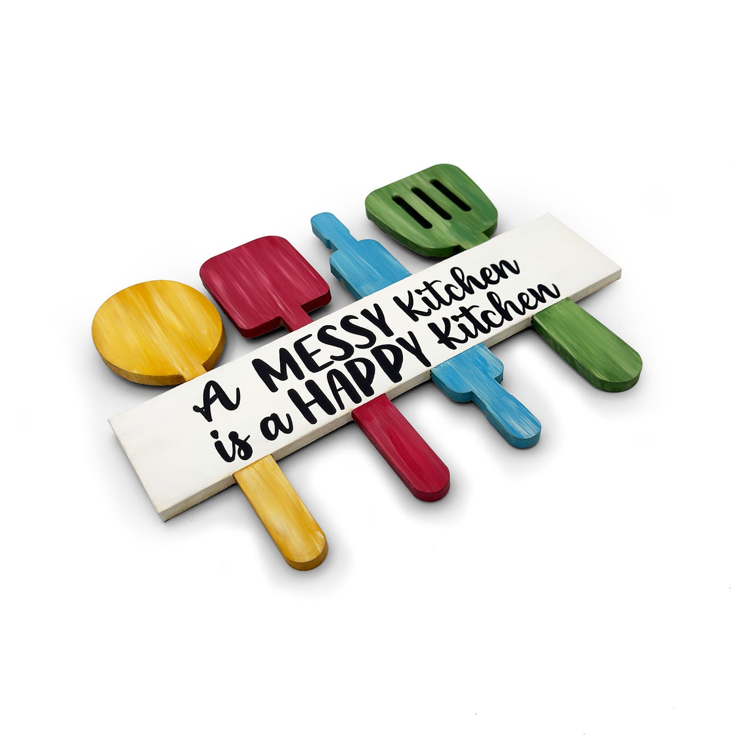 A Messy Kitchen Is A Happy Kitchen Hand-Painted Wooden Utensil Board Kitchen Wall Hanging - Multicolor