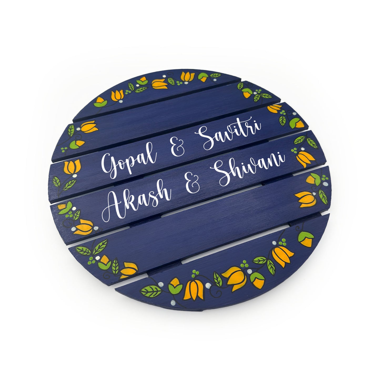 Lotus Bud Artwork Hand-Painted Wooden Madhubani Round Name Plate For Home