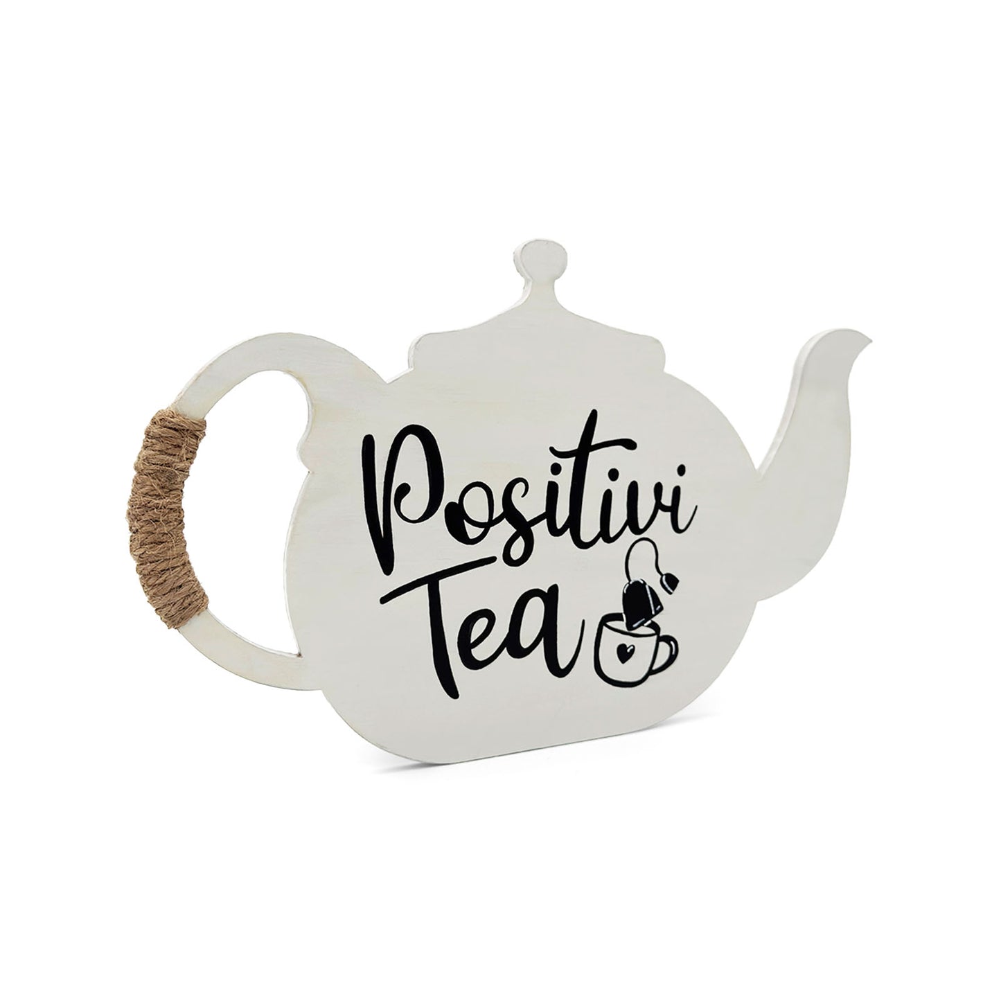Positivi-Tea Hand-Painted Wooden Kettle Kitchen Wall Hanging - White