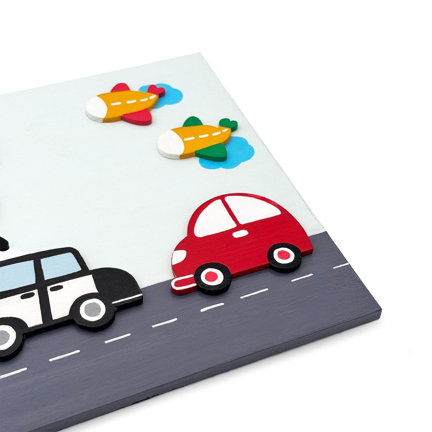 Vehicles Themed Hand-Painted Wooden Kids Name Plate - Light Blue