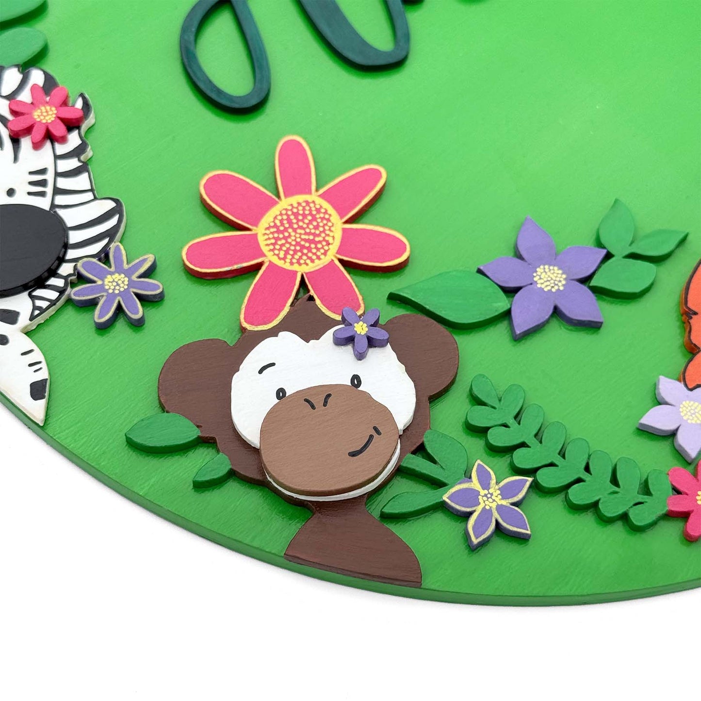 Animal Themed Hand-Painted Wooden Round Kids Name Plate - Design 2