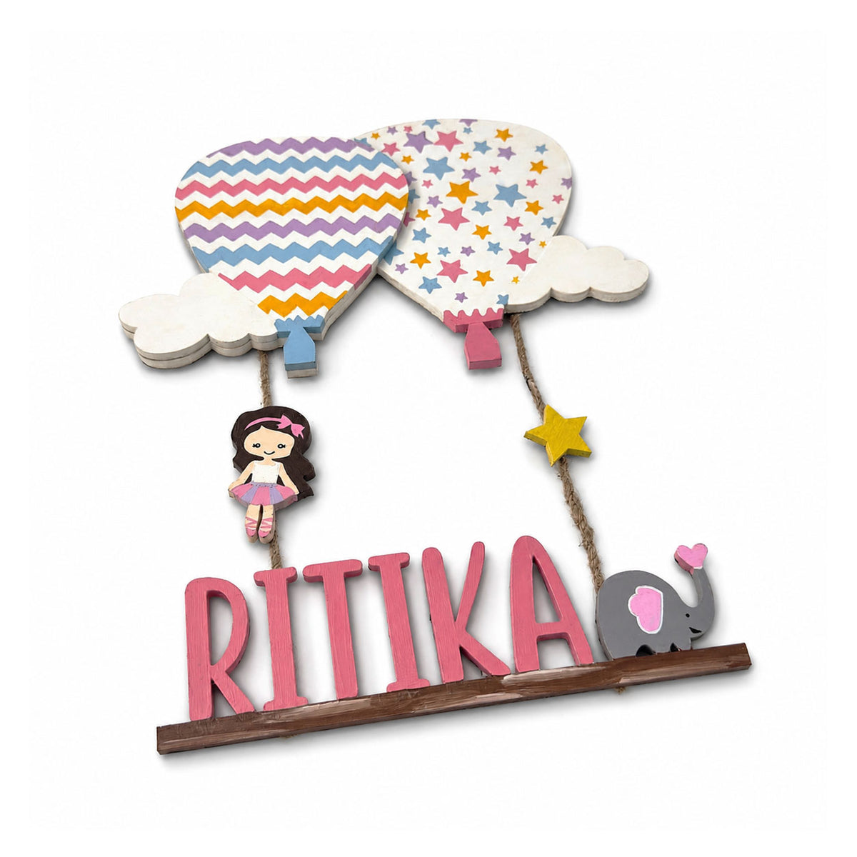 Hot Air Balloon Themed Hand-Painted Wooden Kids Name Plate - Design 2