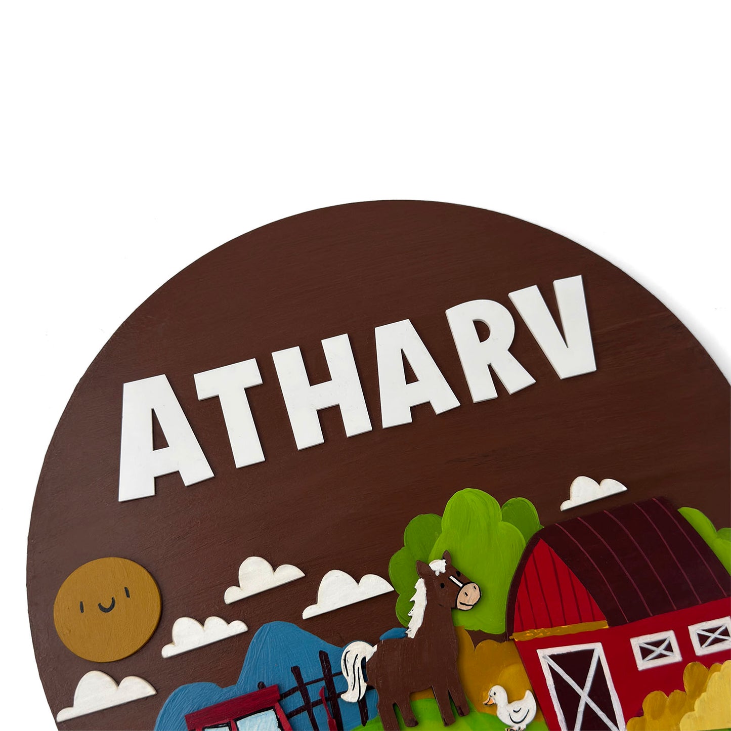 Farm Animals Themed Hand-Painted Wooden Round Kids Name Plate - Design 1