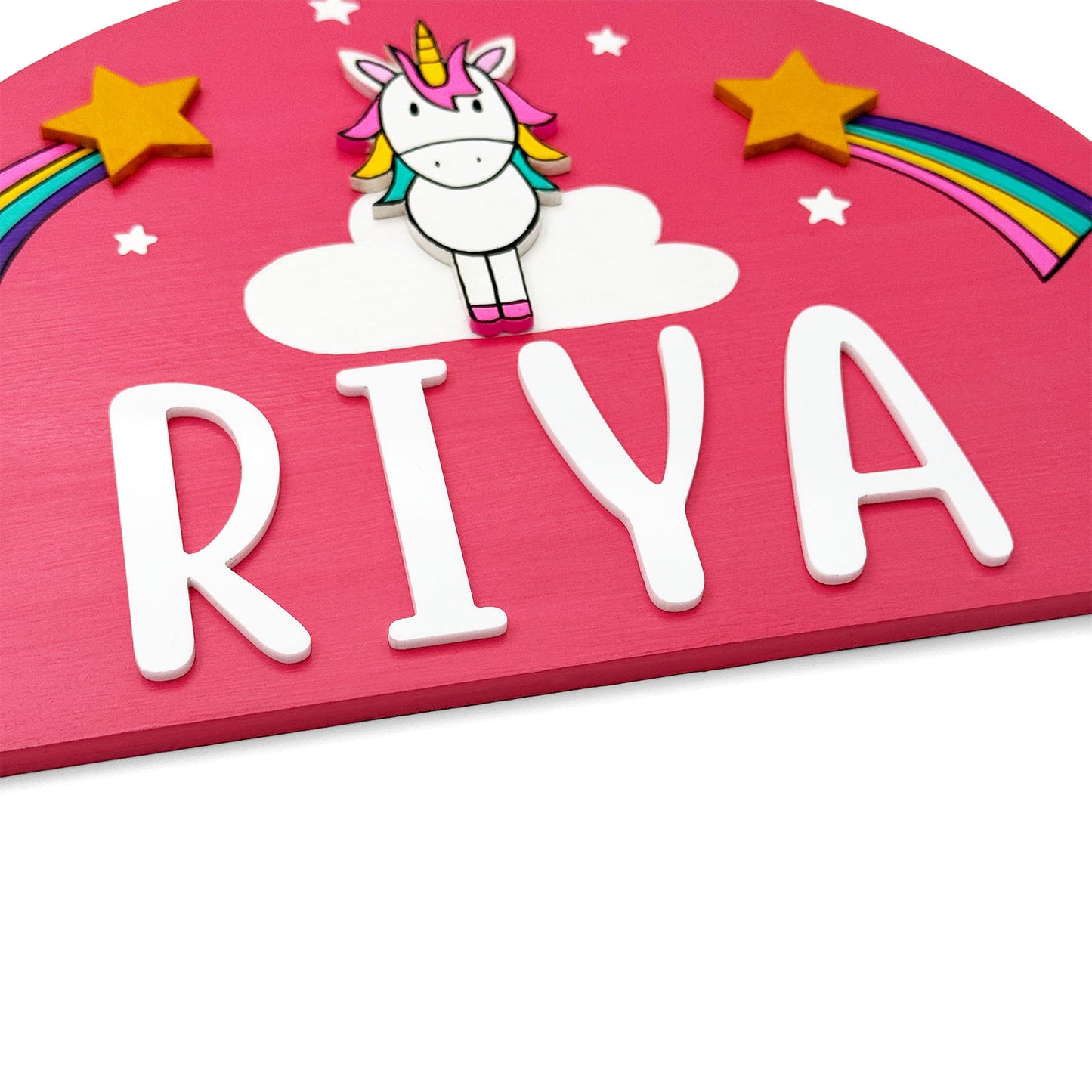 Unicorn Themed Hand-Painted Wooden Kids Name Plate -  Pink