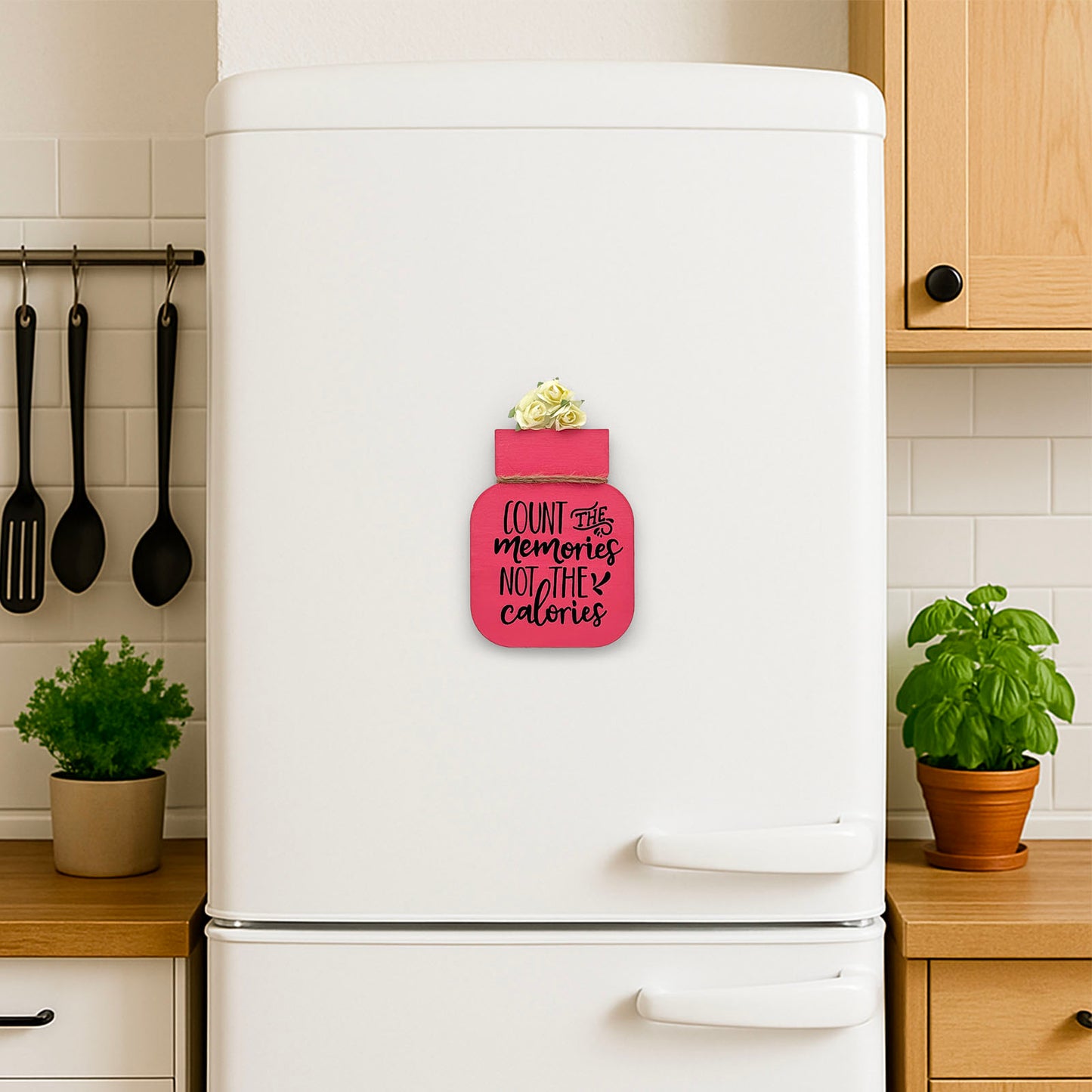 Count The Memories Not The Calories Hand-Painted Wooden Mason Jar Fridge Magnet - Pink