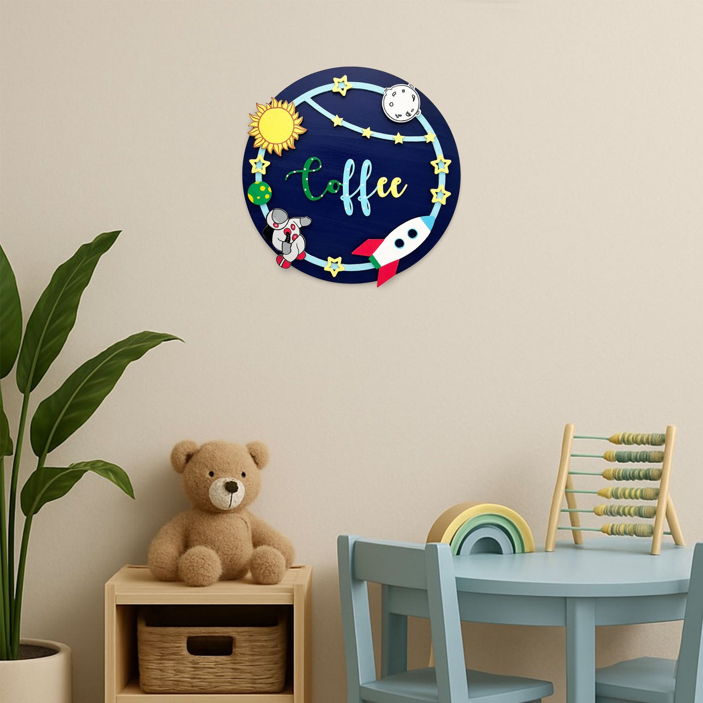 Space Themed Hand-Painted Wooden Round Kids Name Plate - Design 2