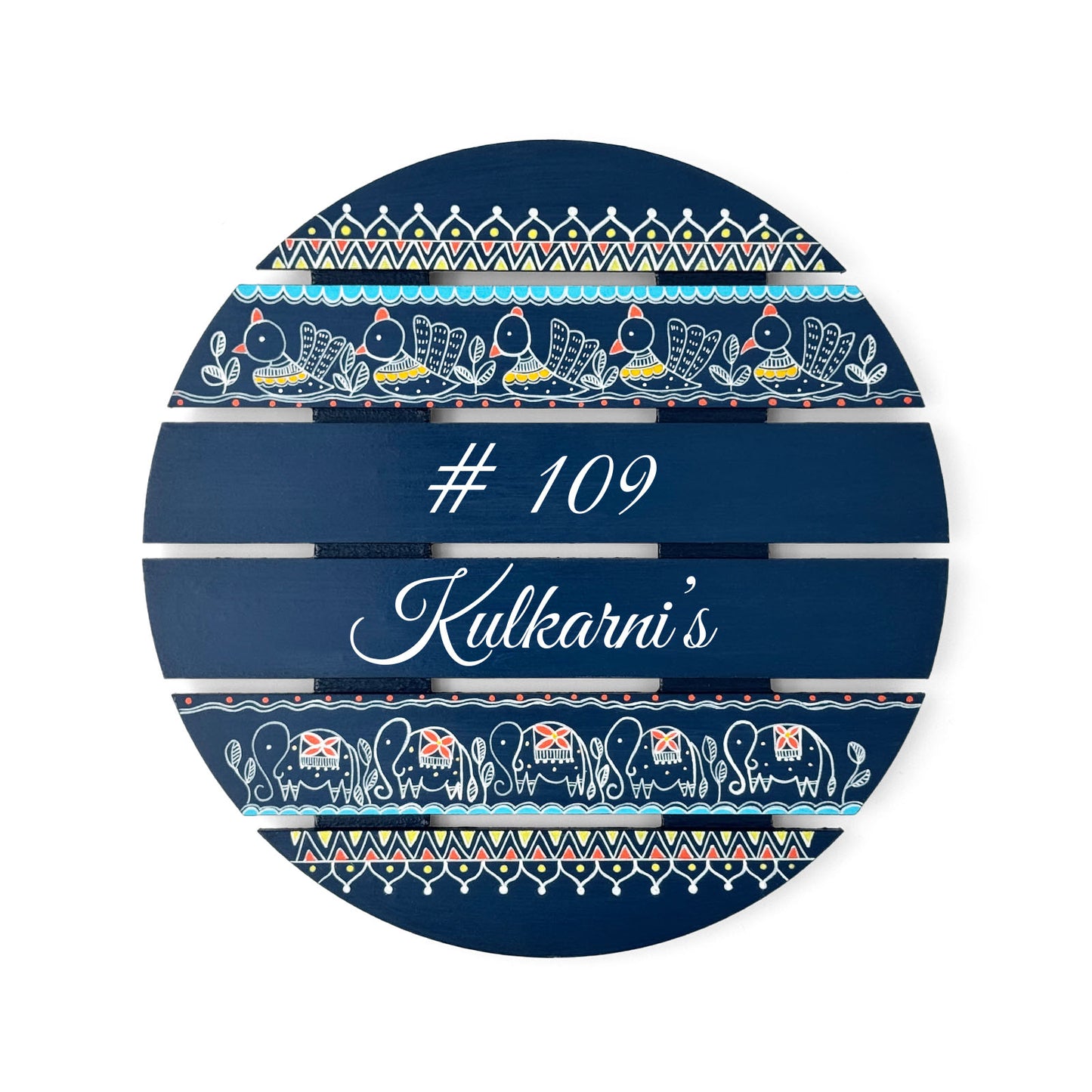 Peacock & Elephant Artwork Hand-Painted Wooden Madhubani Round Name Plate For Home