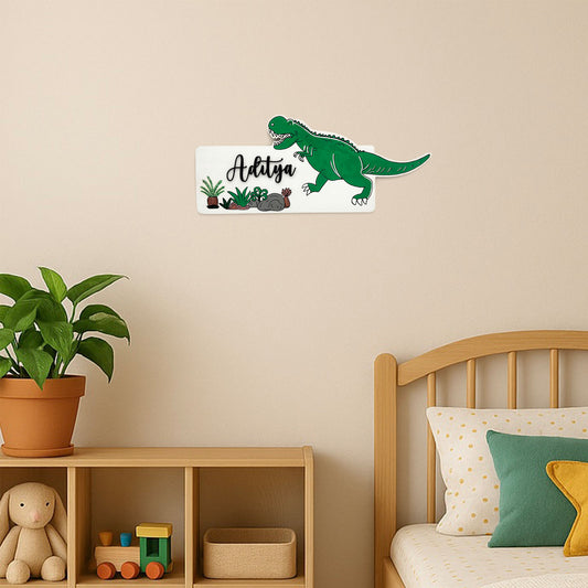 Dinosaur Themed Hand-Painted Wooden Kids Name Plate - White