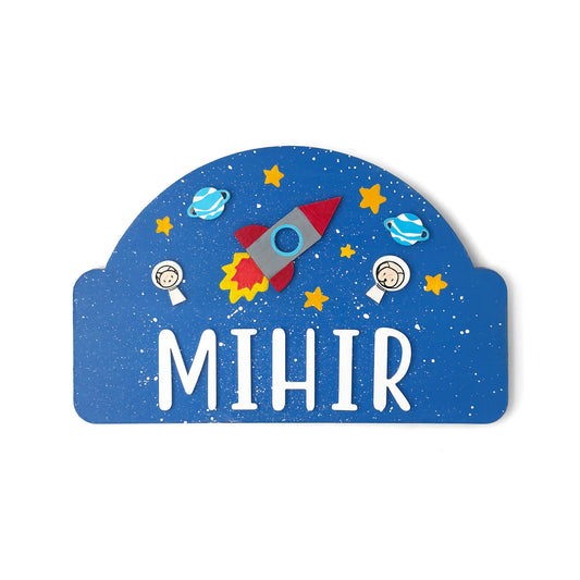 Space Themed Hand-Painted Wooden Arch-Shaped Kids Name Plate - Design 2