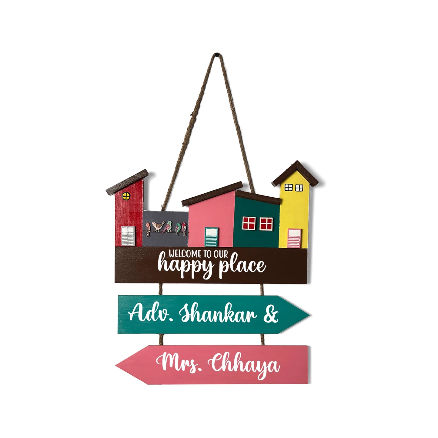 Hut-Shaped Hand-Painted Wooden Name Plate For Home - Hut Board & Two Planks Design 4