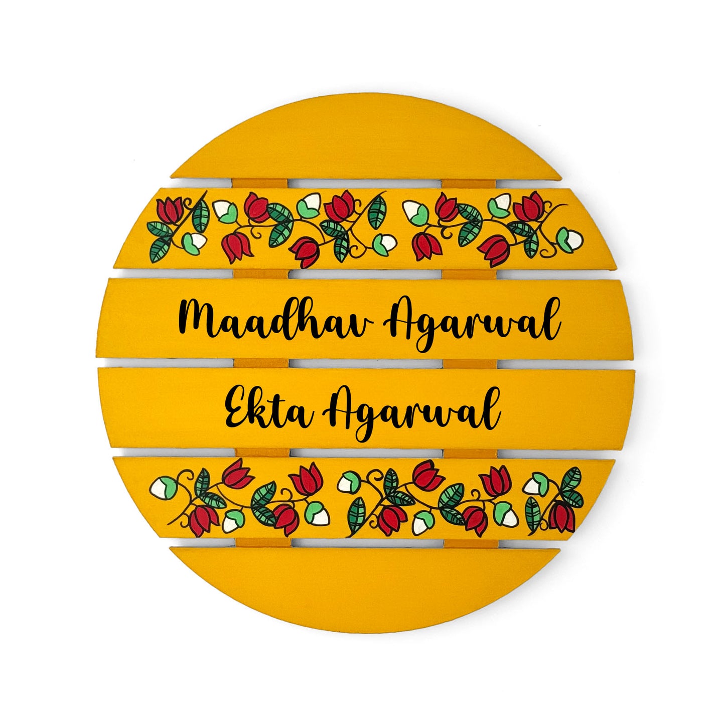 Lotus Creeper Artwork Hand-Painted Wooden Madhubani Round Name Plate For Home
