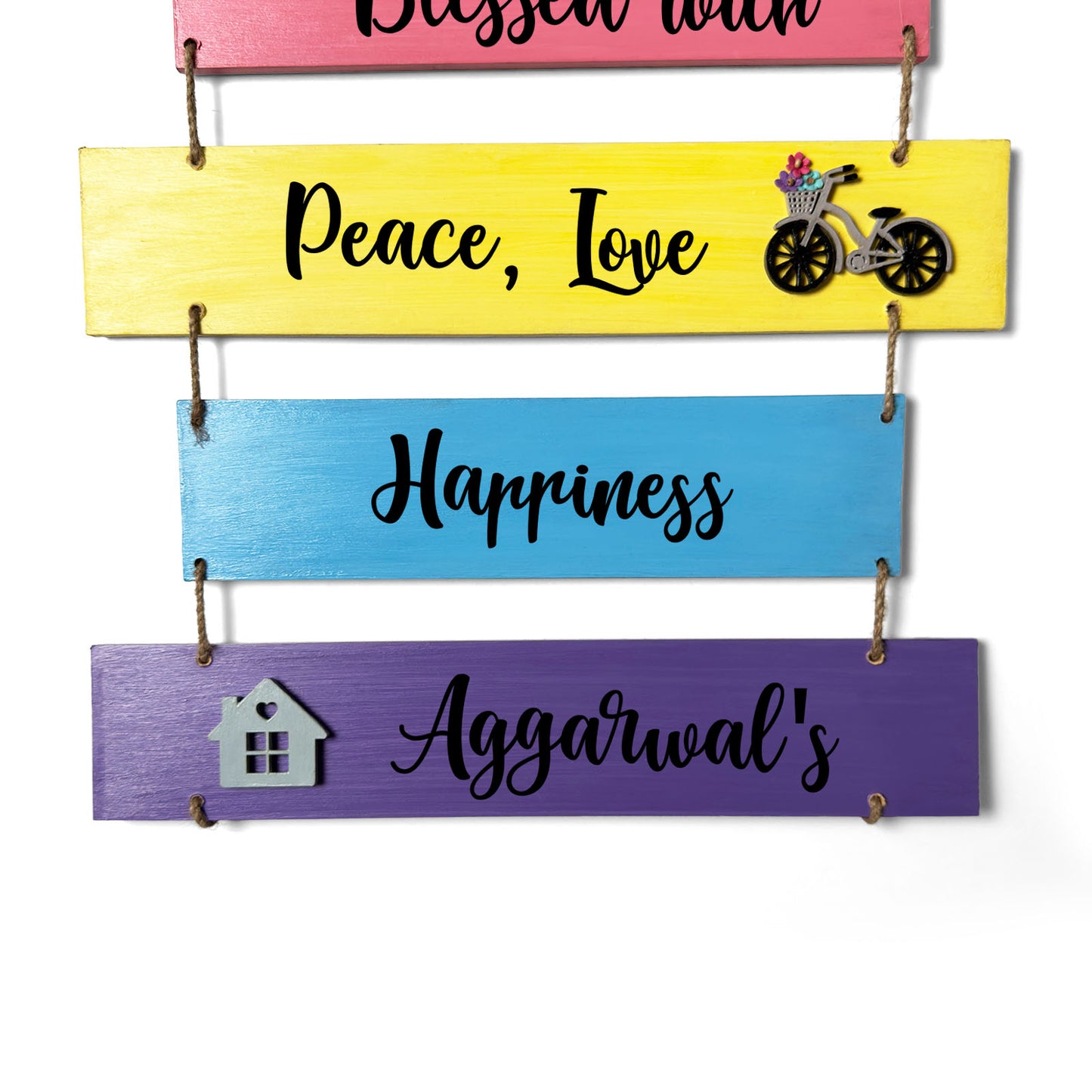Welcome To Our Home Blessed With Peace, Love, & Happiness Hand-Painted Wooden Plank Name Plate For Home