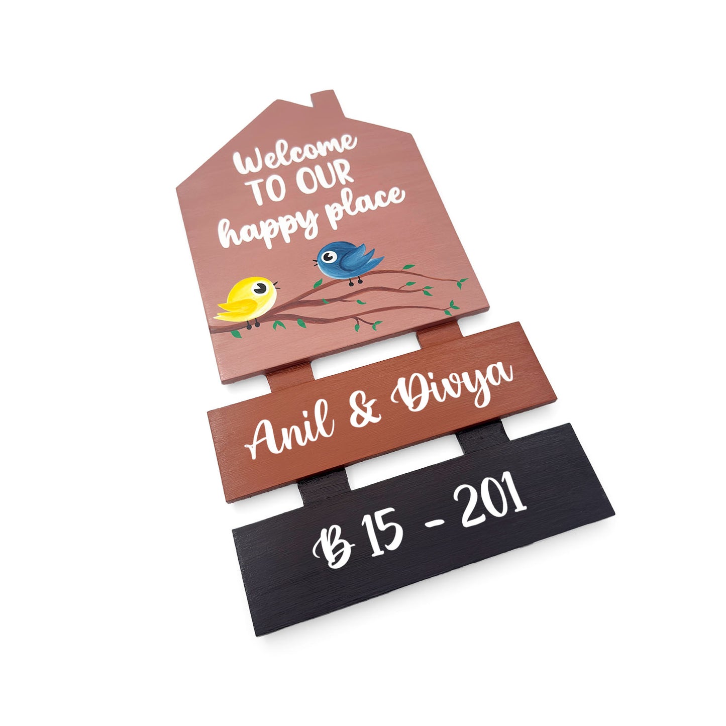 Birds Themed Hut-Shaped Hand-Painted Wooden Name Plate For Home - Hut & Two Planks