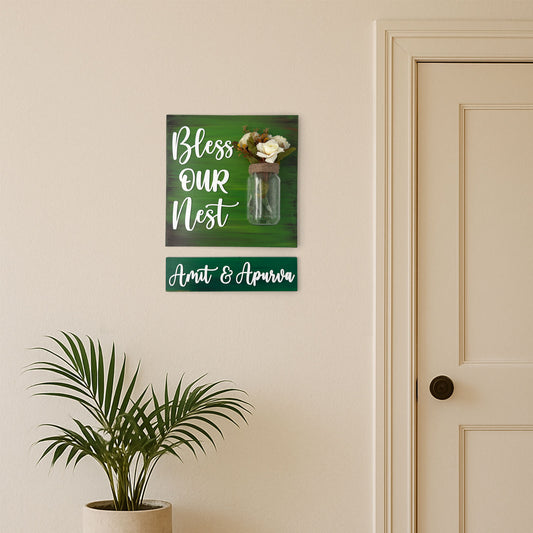 Green Hand-Painted Wooden Name Plate With Jar For Home - Jar Board & One Plank