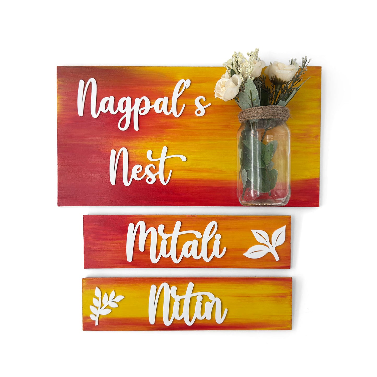 Hand-Painted Wooden Name Plate With Jar For Home - Jar Board & Two Planks