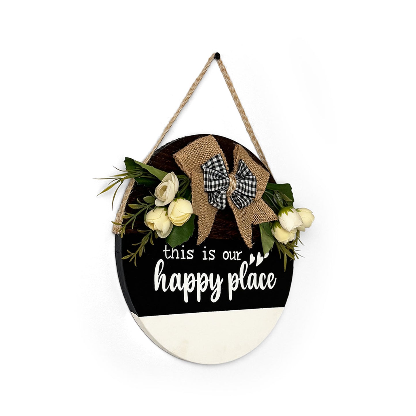 This Is Our Happy Place Hand-Painted Wooden Door Hanger - Black, White, & Wooden Finish