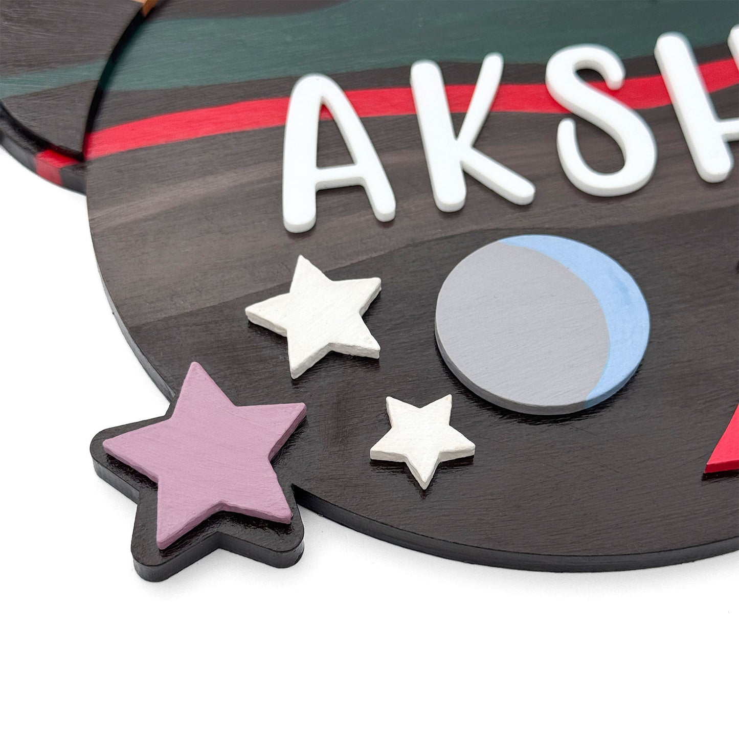 Space Themed Hand-Painted Wooden Kids Name Plate - Brown
