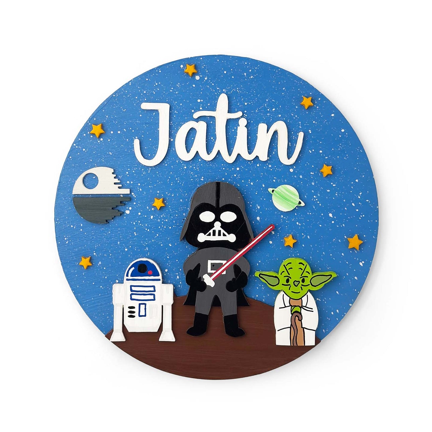 Star Wars Space Themed Hand-Painted Wooden Round Kids Name Plate - Design 1