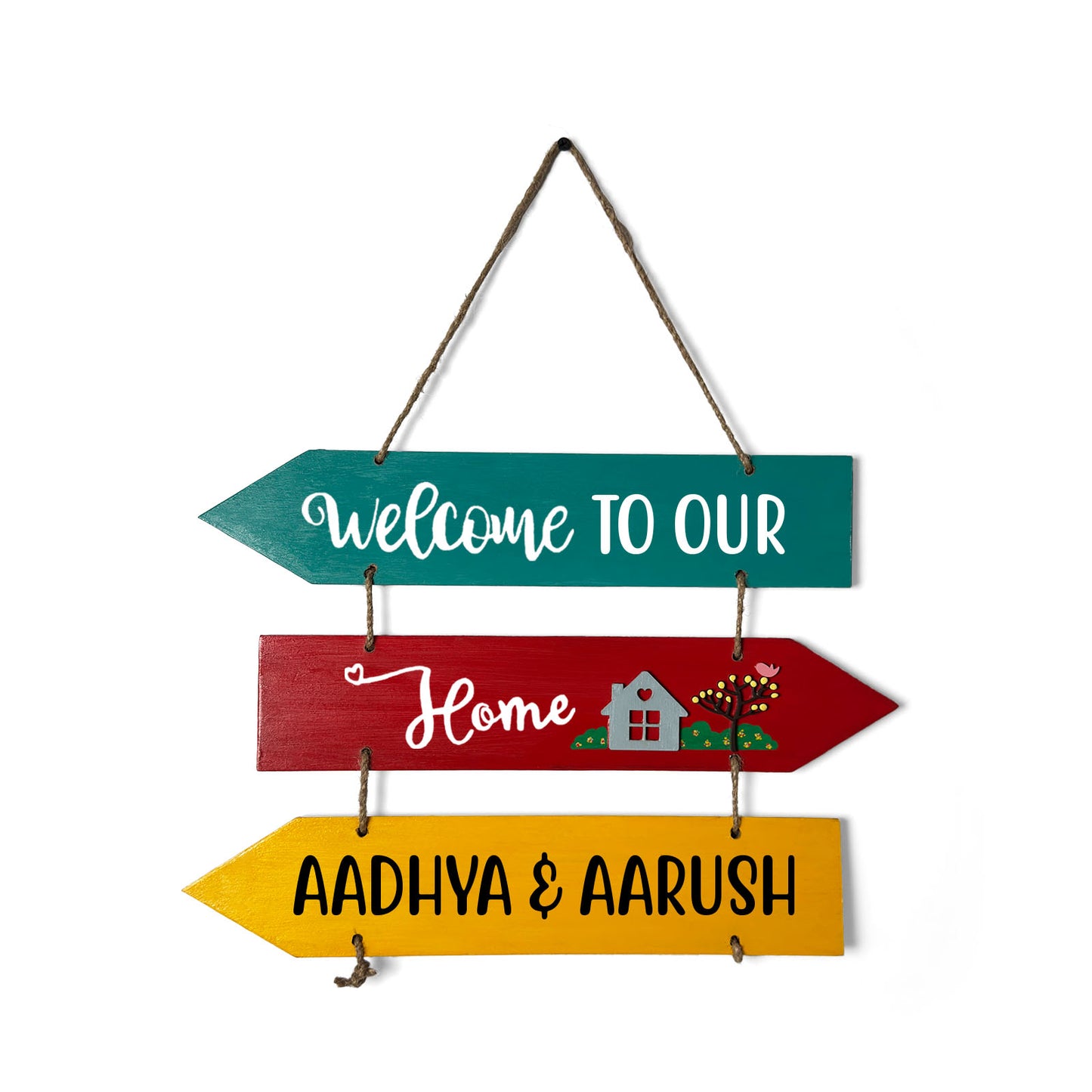 Welcome To Our Home Hand-Painted Wooden Three Arrow Plank Name Plate For Home - Multicolor
