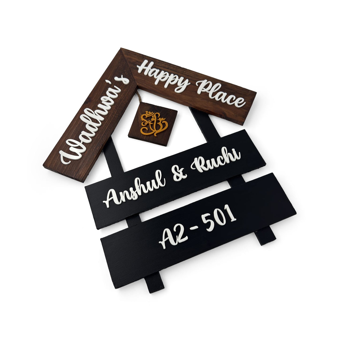 House With Roof And Double Plank Hand-Painted Wooden Hut-Shaped Name Plate For Home - Black & Wooden Finish