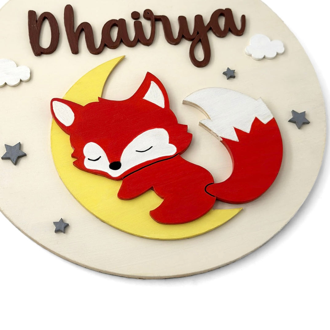 Fox Themed Hand-Painted Wooden Round Kids Name Plate - Design 1
