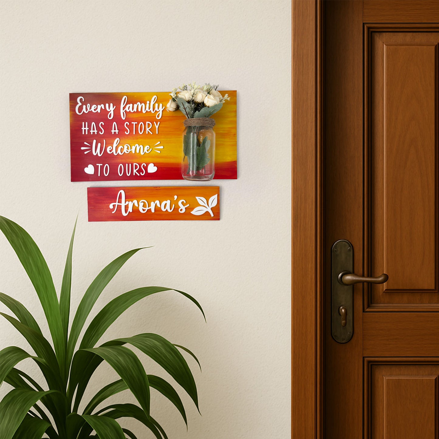 Every Family Has A Story Welcome To Ours Hand-Painted Wooden Name Plate With Jar For Home - Jar Board & One Plank