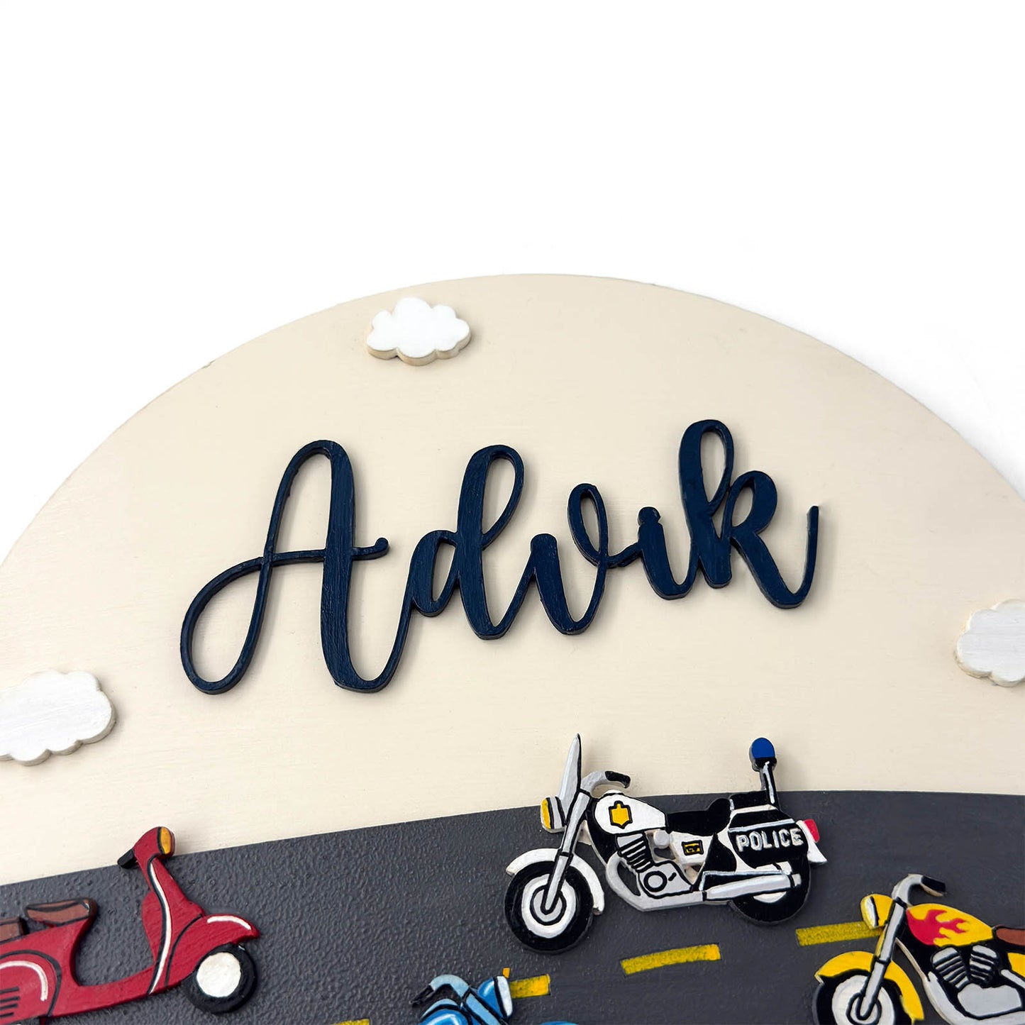 Bikes Themed Hand-Painted Wooden Round Kids Name Plate - Design 1