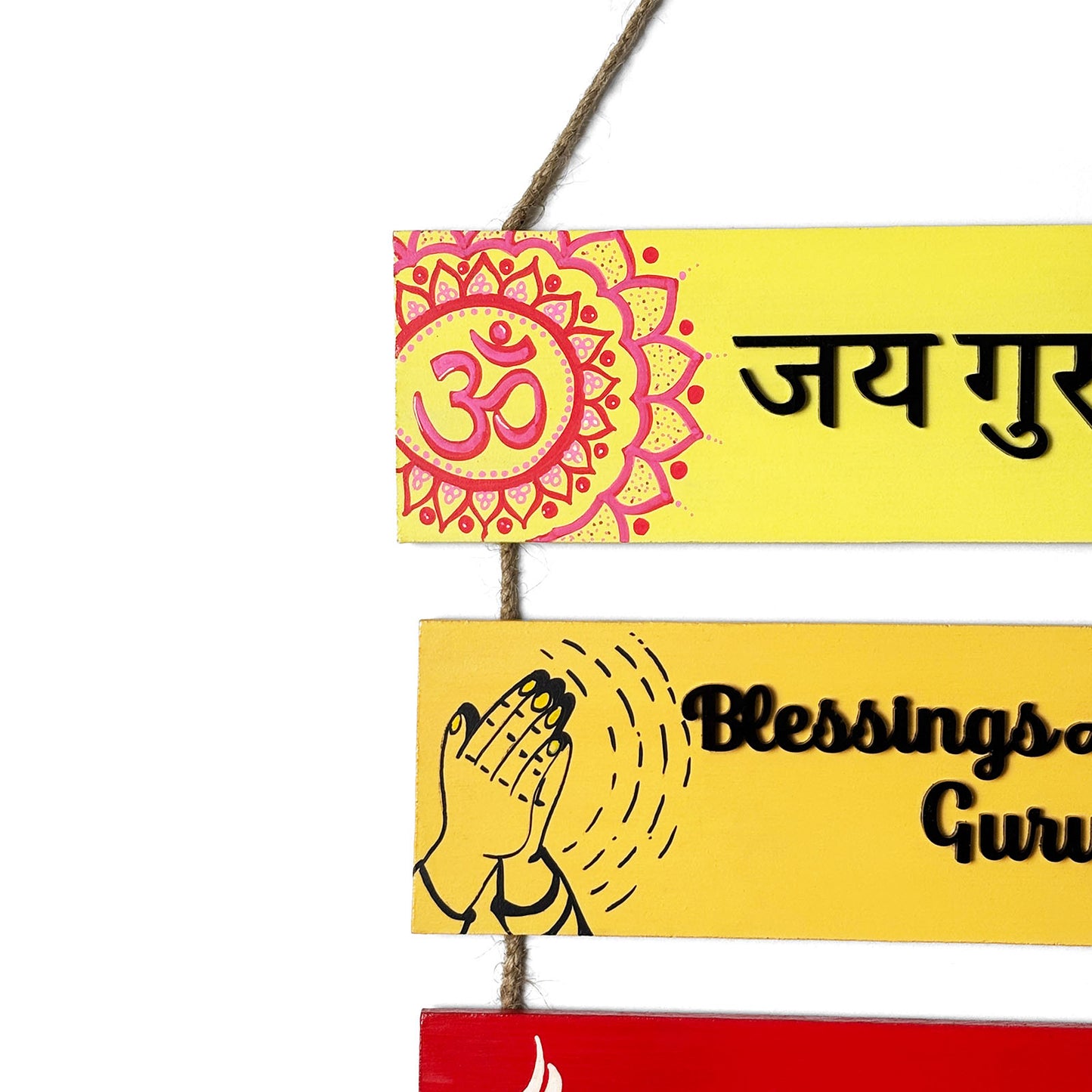 Guruji Mantra Hand-Painted Wooden Plank Hanging - Red With Acrylic Text