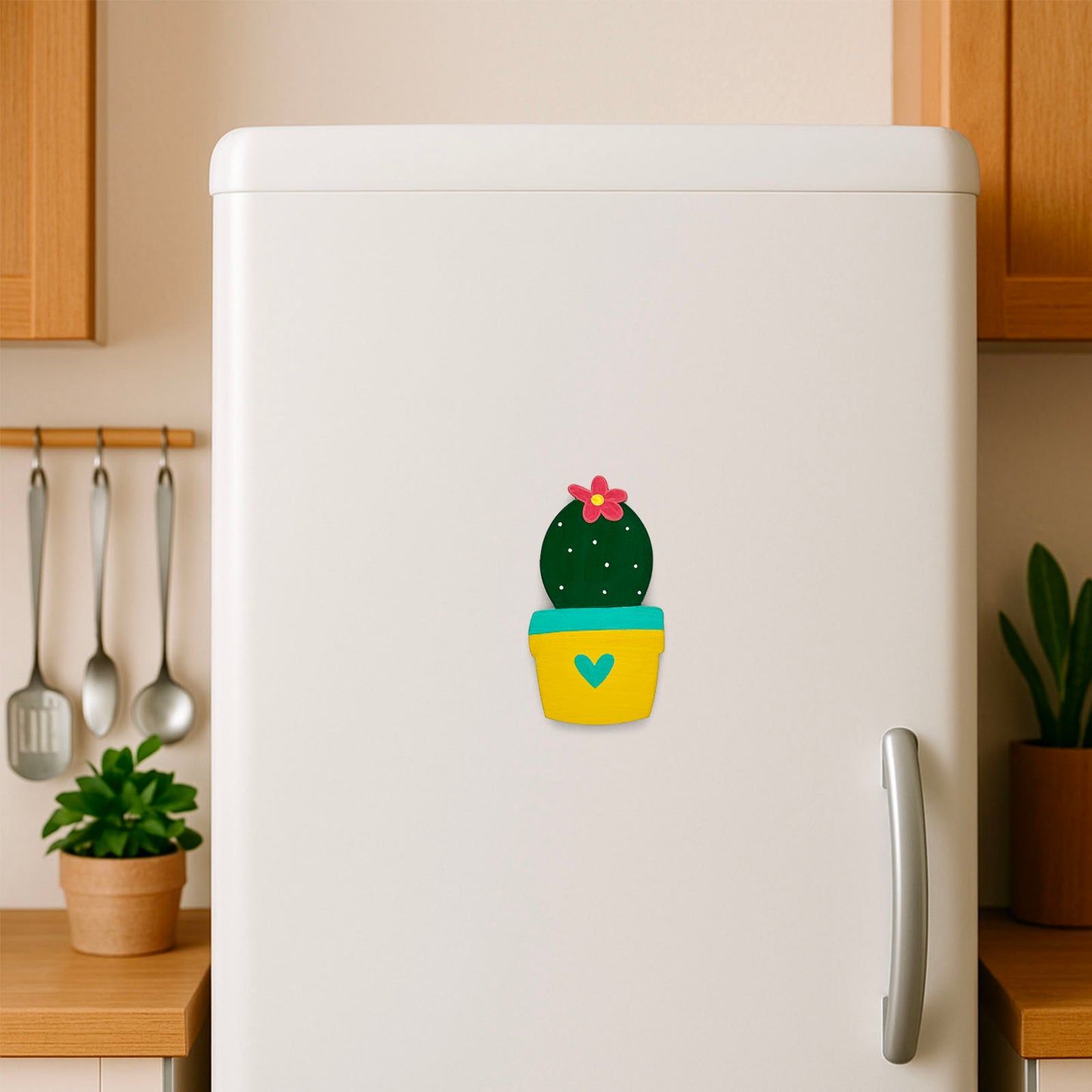 Hand-Painted Wooden Cactus Fridge Magnet - Design 6