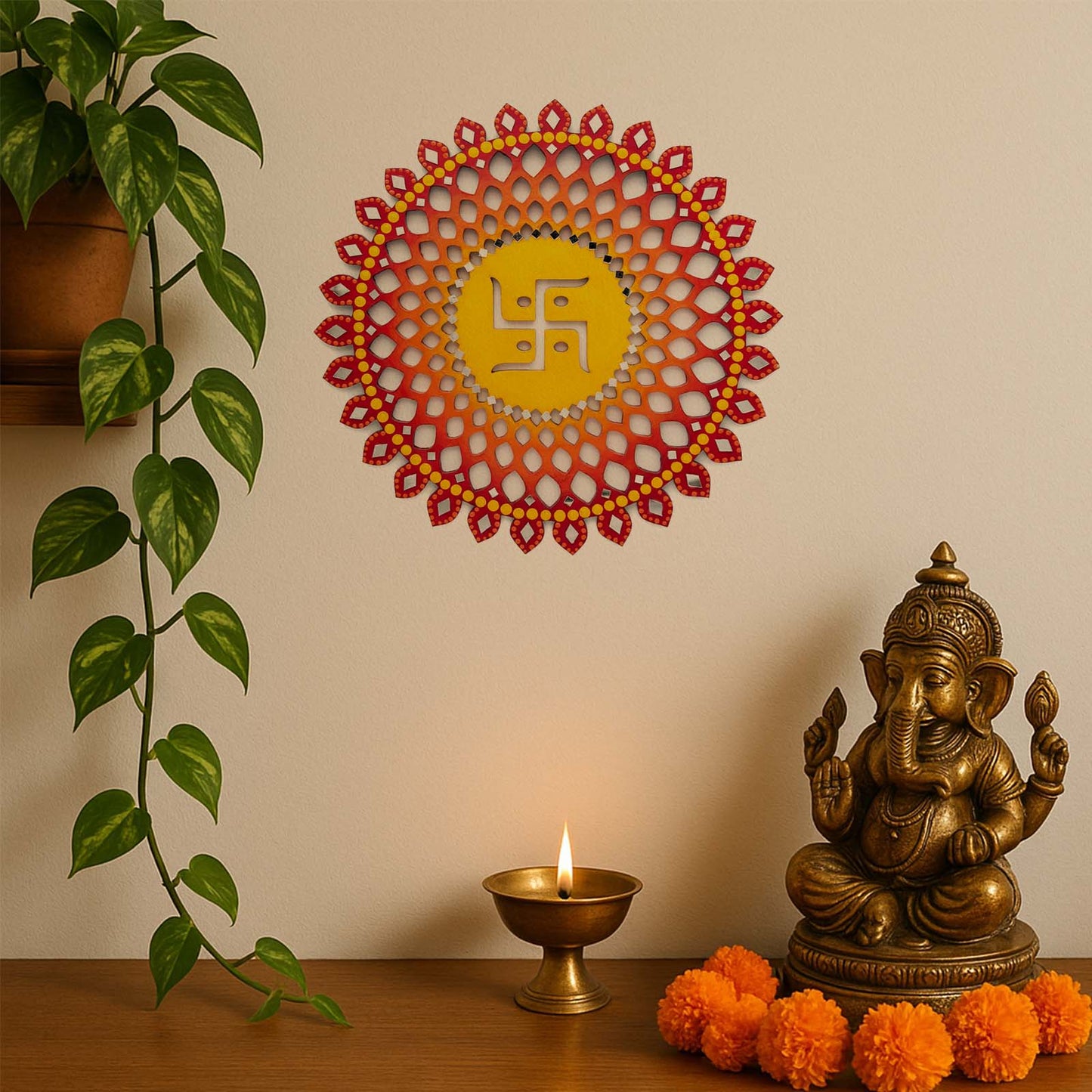 Sahasrara Chakra Swastik Hand-Painted Wooden Wall Hanging - Red