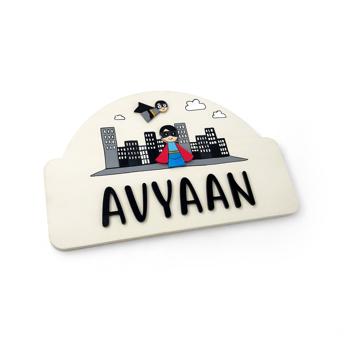 Superhero Themed Hand-Painted Wooden Arch-Shaped Kids Name Plate