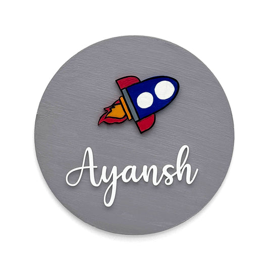 Rocket Themed Hand-Painted Wooden Mini Kids Name Plate