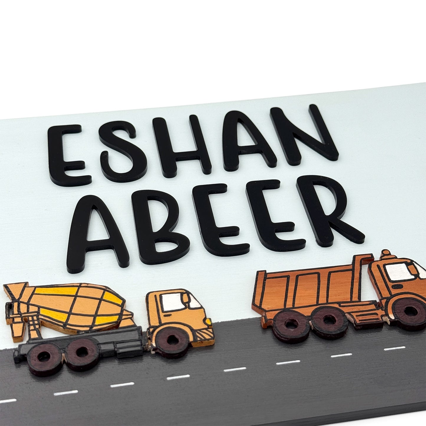 Construction Vehicles Themed Hand-Painted Wooden Kids Name Plate - Light Blue