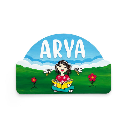 Girl Reading Book Hand-Painted Wooden Kids Name Plate