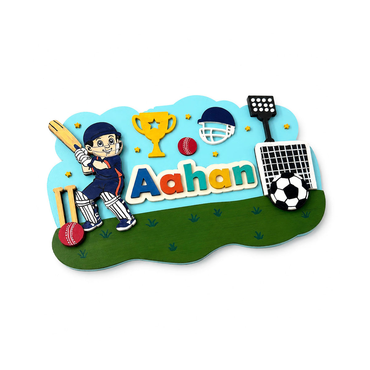 Football & Cricket Themed Hand-Painted Wooden Scalloped Cloud Kids Name Plate - Design 1