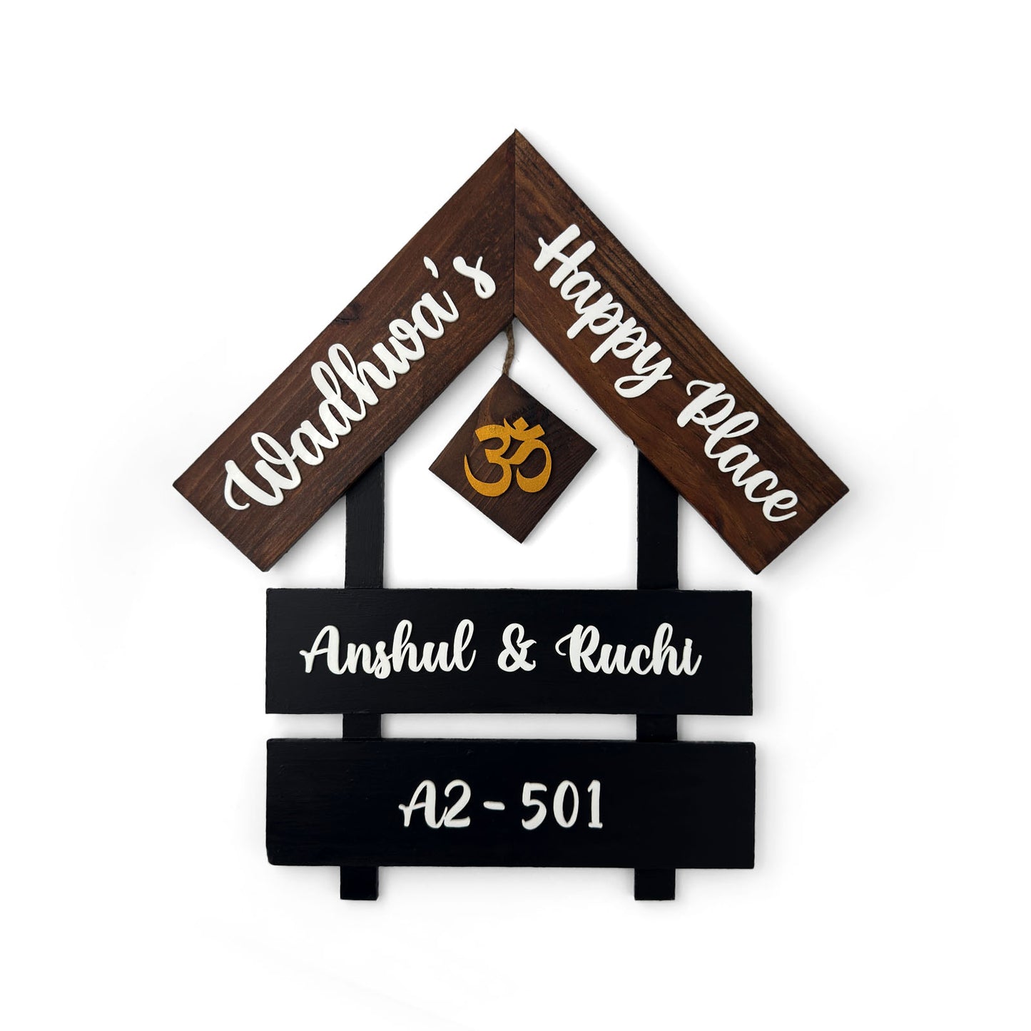 House With Roof And Double Plank Hand-Painted Wooden Hut-Shaped Name Plate For Home - Black & Wooden Finish