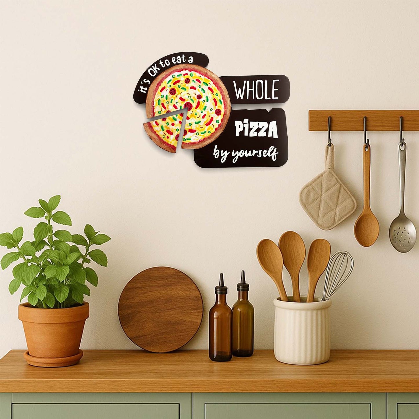 It's Ok To Eat A Whole Pizza By Yourself Hand-Painted Wooden Chopping Board Kitchen Wall Hanging