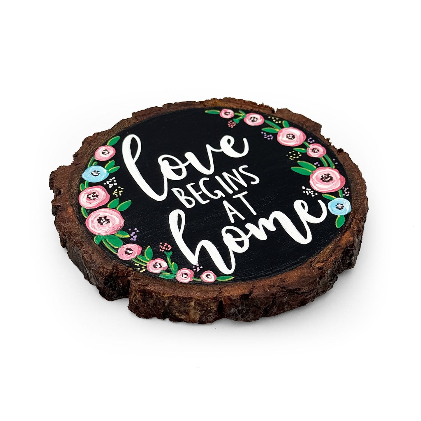 Love Begins At Home Hand-Painted Wooden Coaster
