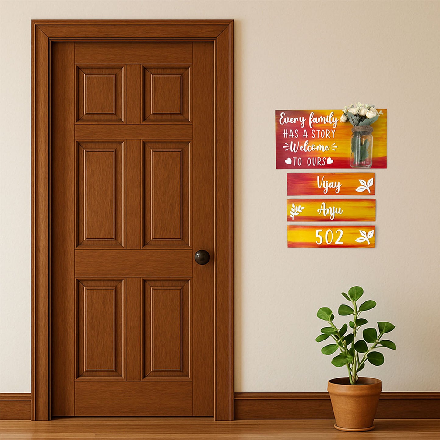 Every Family Has A Story Welcome To Ours Hand-Painted Wooden Name Plate With Jar For Home - Jar Board & Three Planks