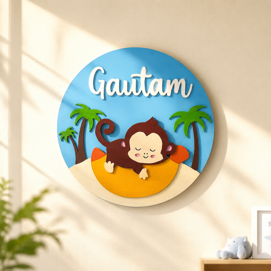 Monkey Themed Hand-Painted Wooden Round Kids Name Plate - Design 1
