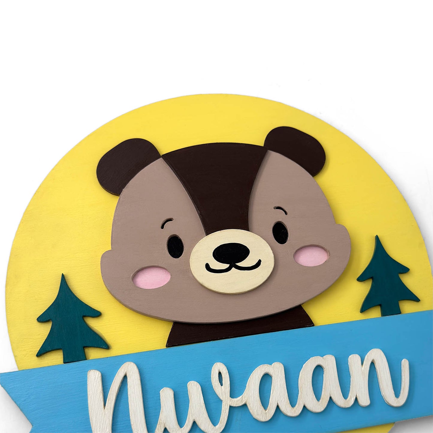 Bear Themed Hand-Painted Wooden Round Kids Name Plate - Design 2