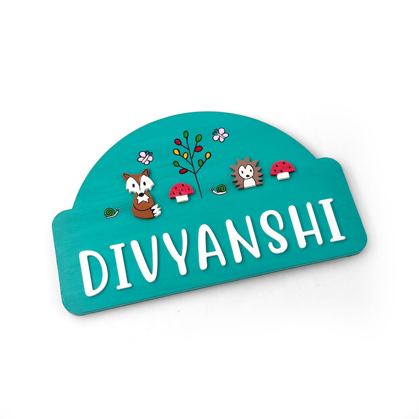 Woodland Animals Themed Hand-Painted Wooden Arch-Shaped Kids Name Plate