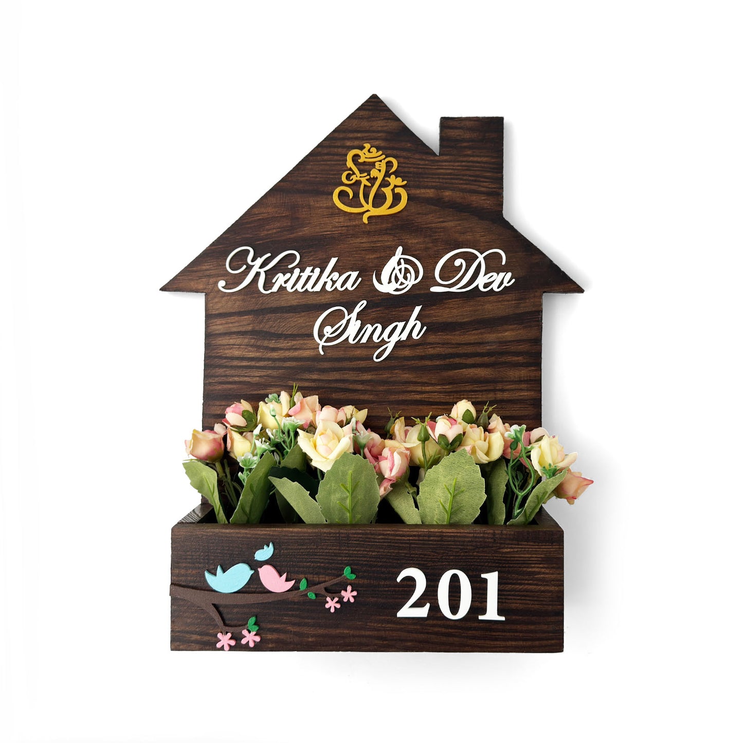 Hut-Shaped Hand-Painted Wooden Planter Name Plate For Home - Wooden Finish