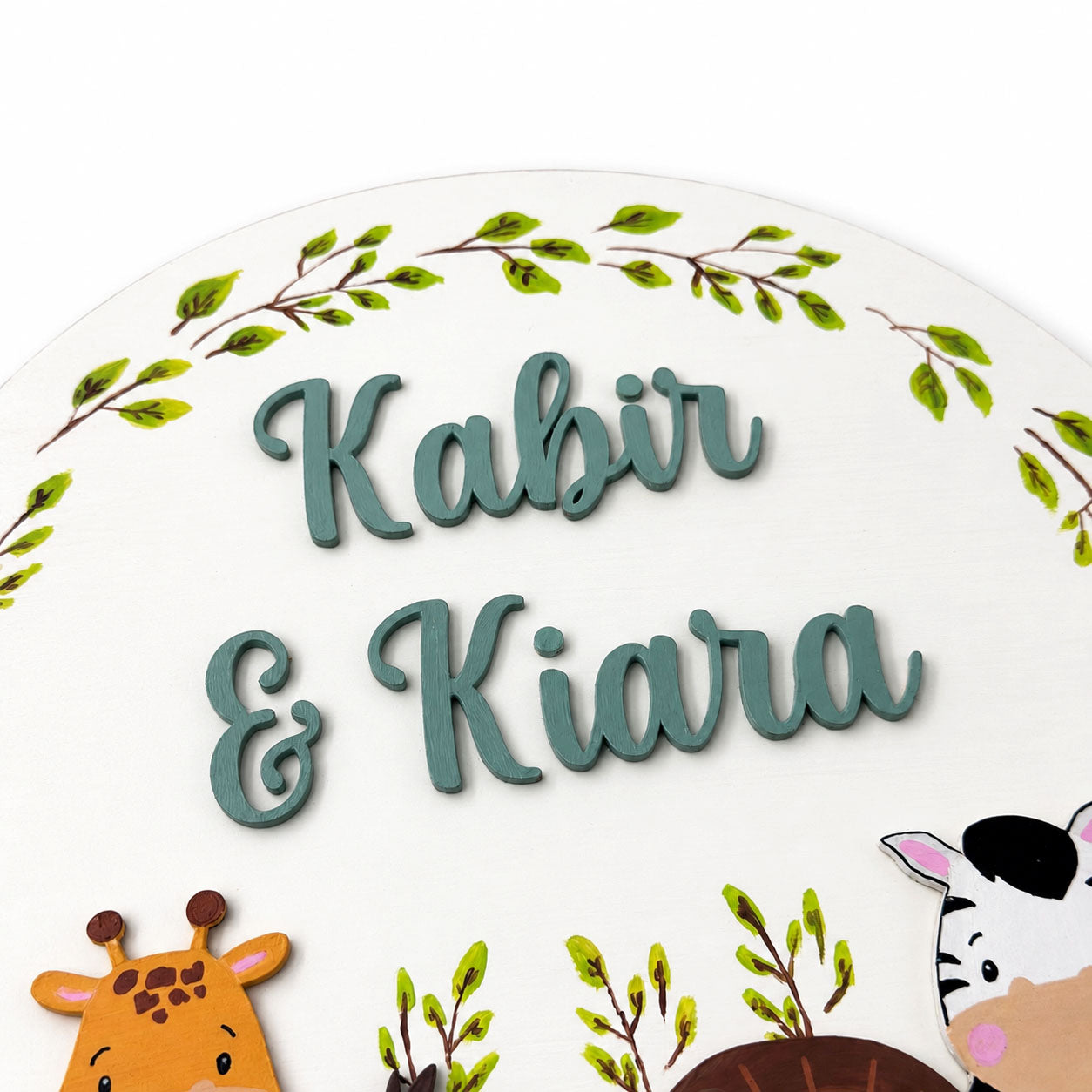 Animal Themed Hand-Painted Wooden Round Kids Name Plate - Design 7