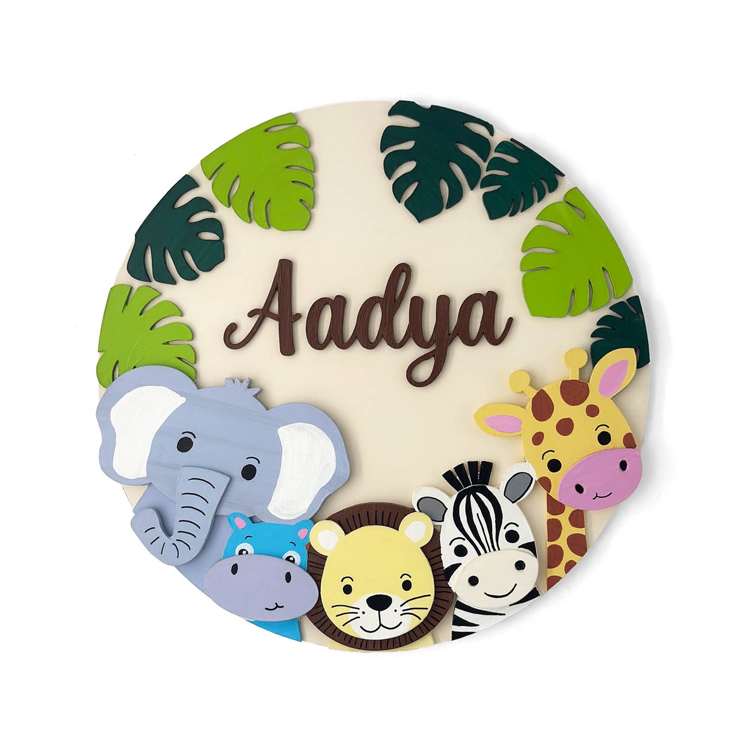 Animal Themed Hand-Painted Wooden Round Kids Name Plate - Design 6