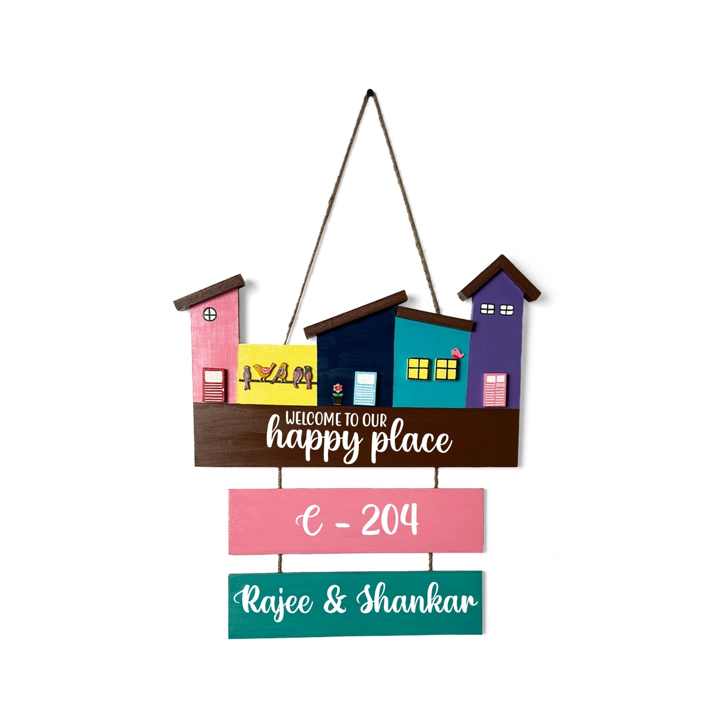 Hut-Shaped Hand-Painted Wooden Name Plate For Home - Hut Board & Two Planks Design 6