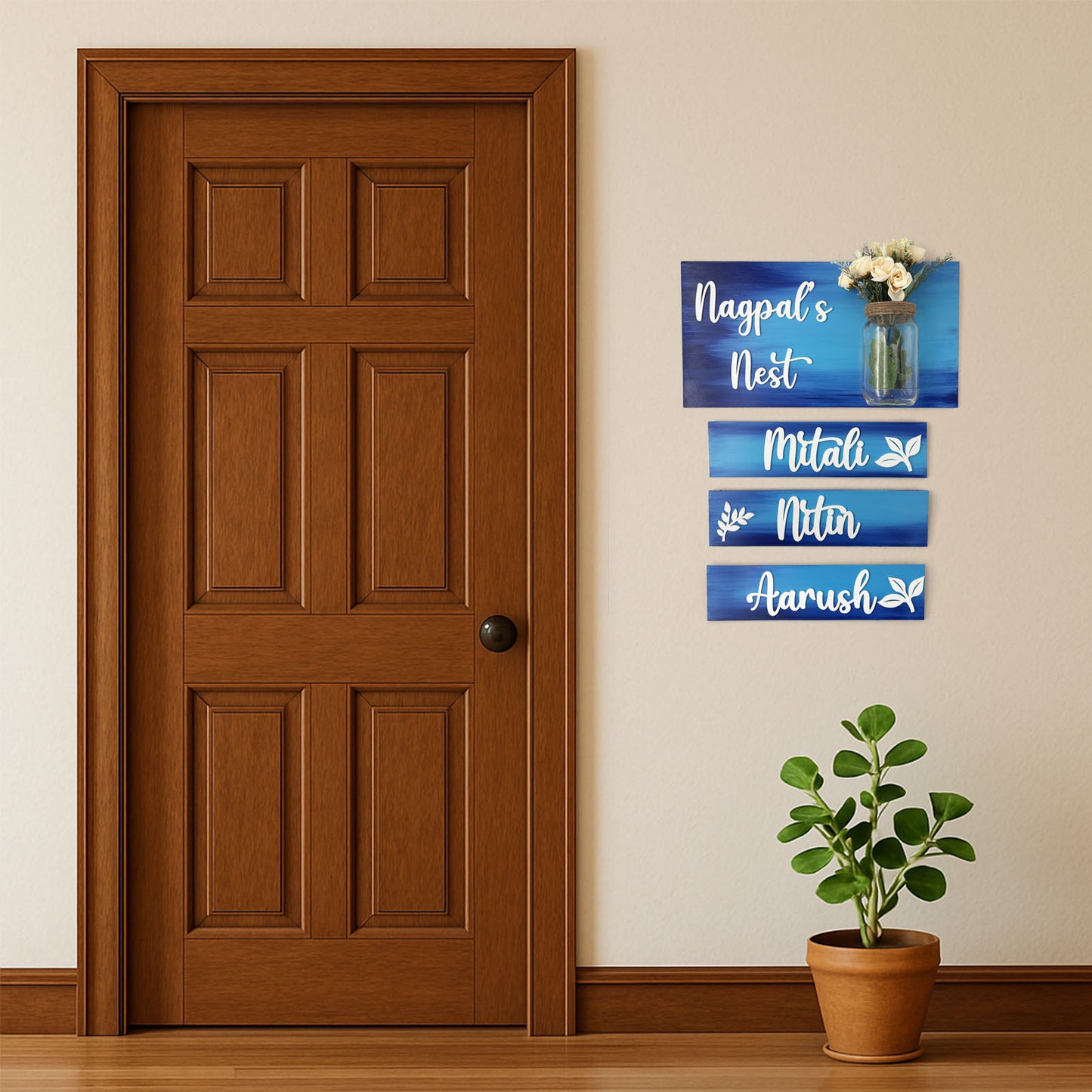 Hand-Painted Wooden Name Plate With Jar For Home - Jar Board & Three Planks