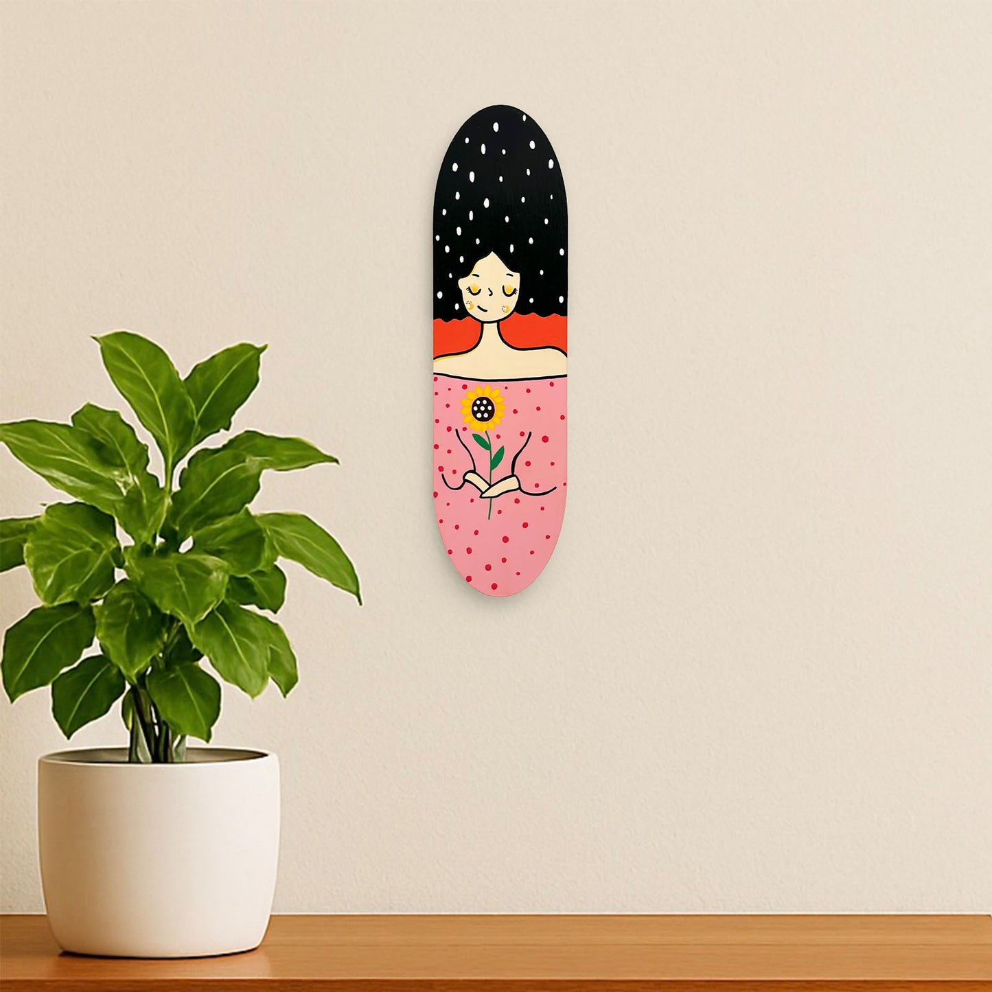 Happy Girl Hand-Painted Wooden Oval Wall Hanging