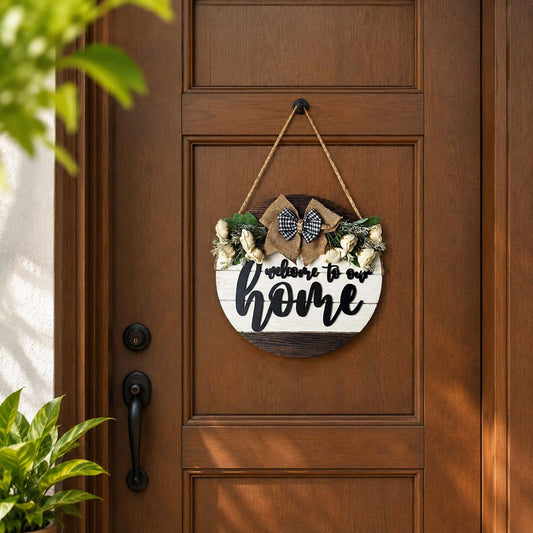Welcome To Our Home Hand-Painted Wooden Door Hanger - White & Wooden Finish